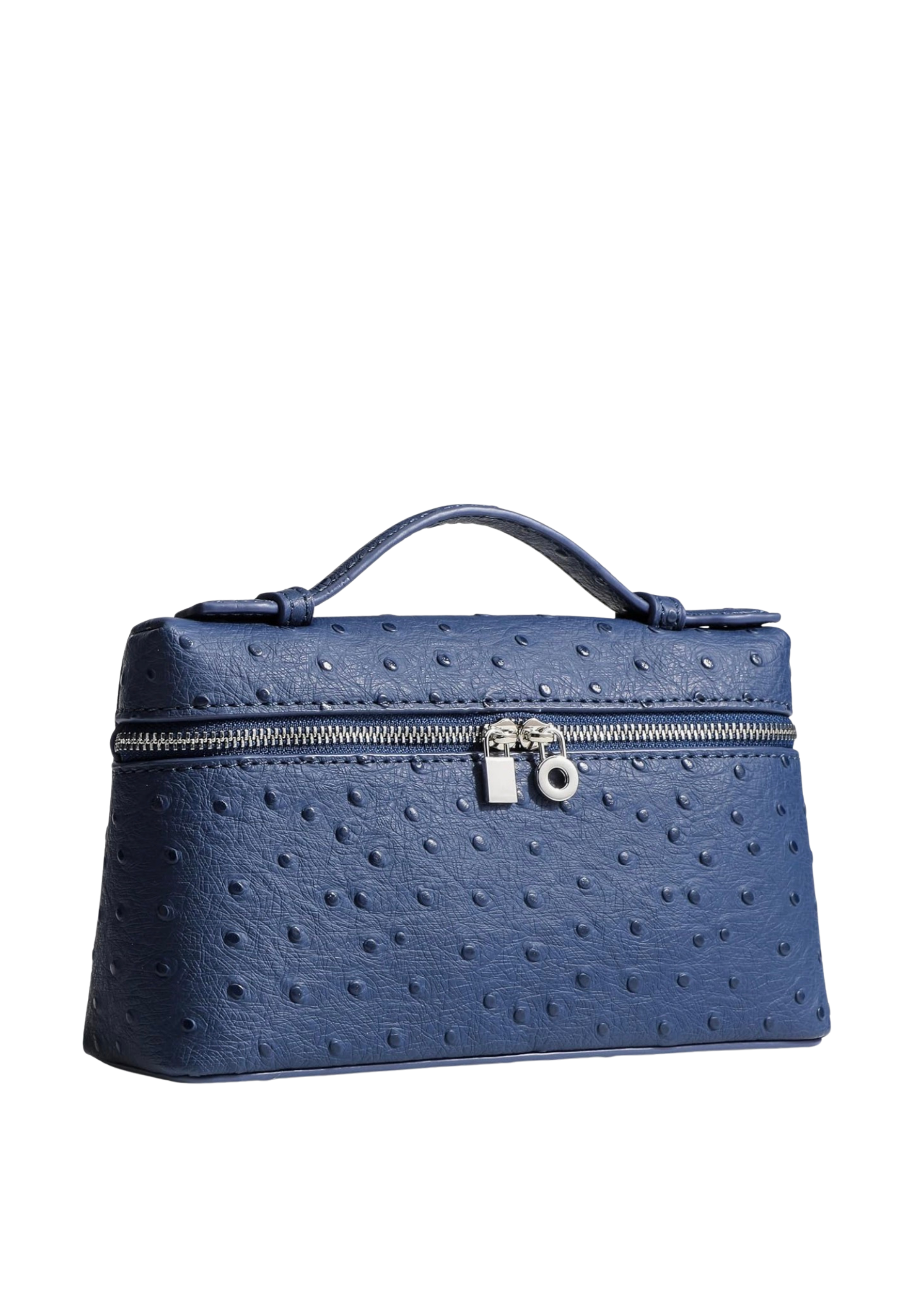 A blue ostrich-textured leather handbag with a top handle and a front zip closure, shown against a plain white background.