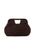 A dark brown chunky knit clutch bag with a top handle, shown against a plain white background.