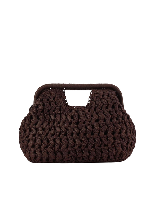 A dark brown chunky knit clutch bag with a top handle, shown against a plain white background.