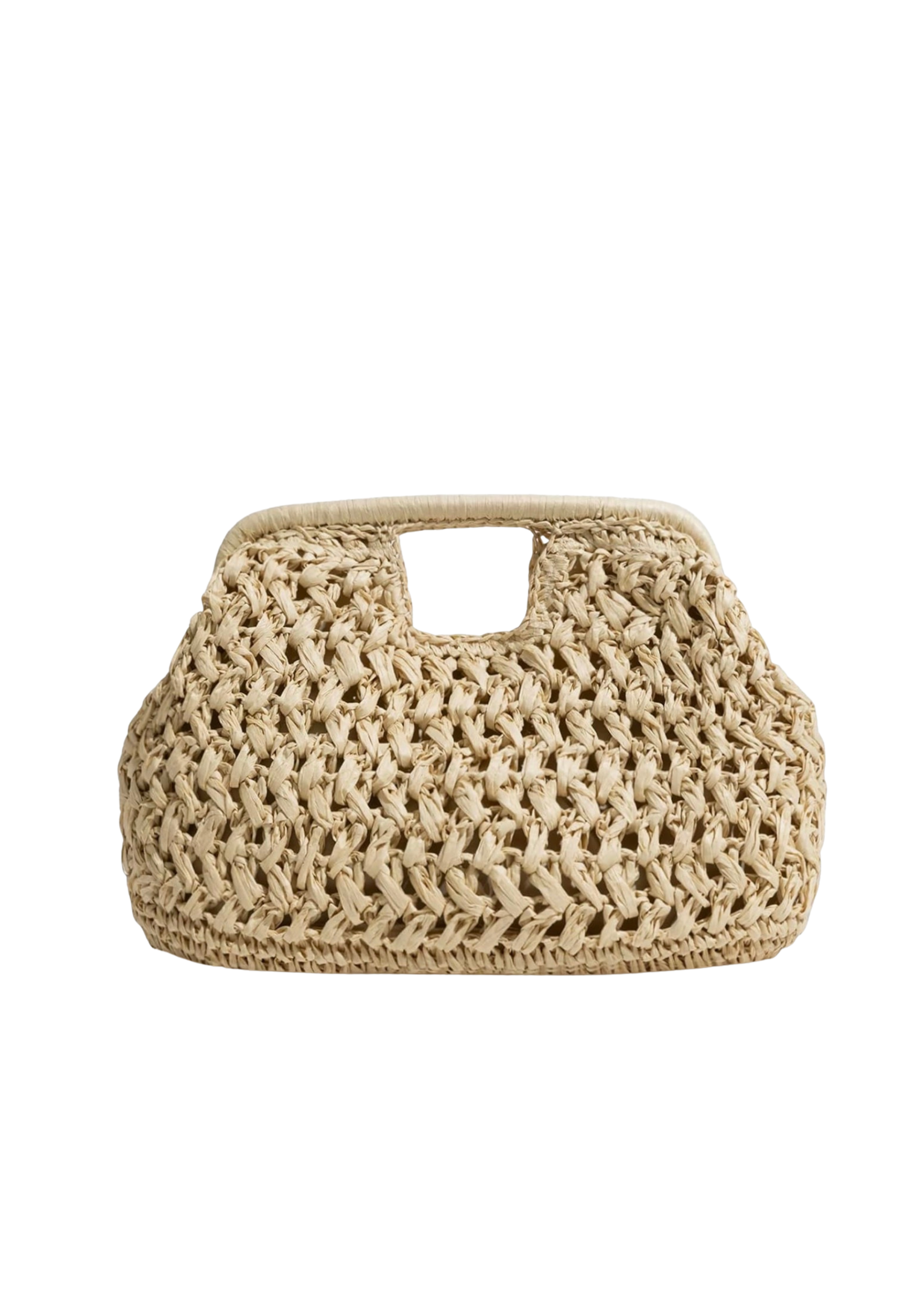A natural woven straw handbag with a top handle, photographed against a solid white background.