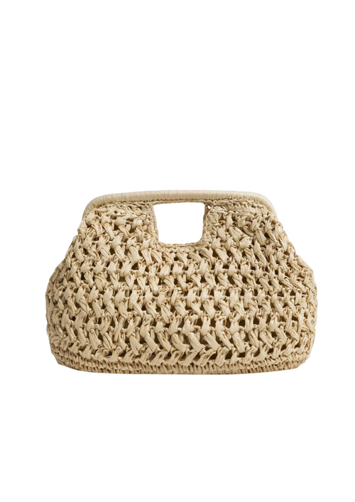A natural woven straw handbag with a top handle, photographed against a solid white background.