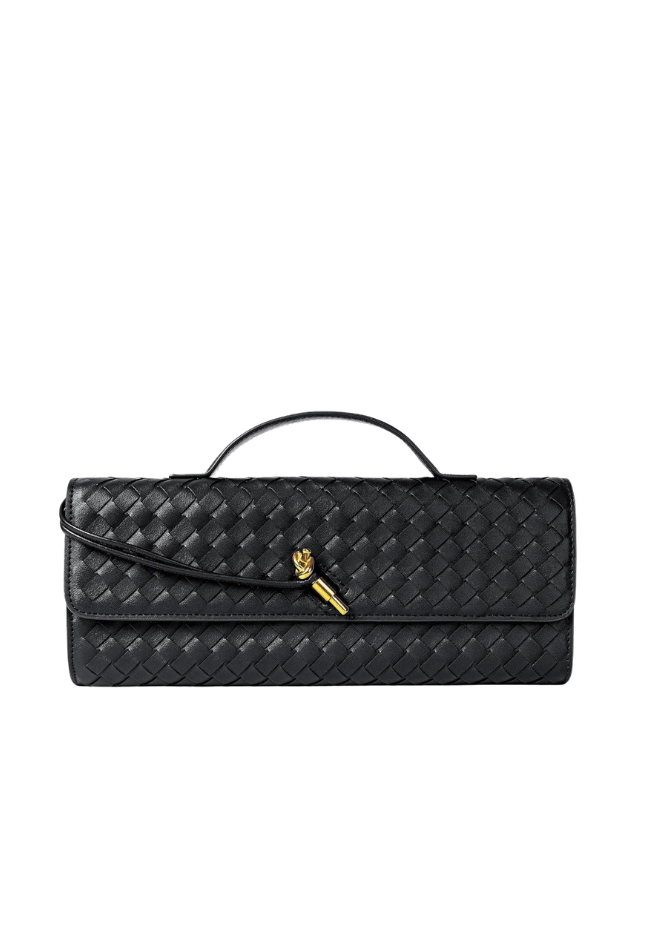 A black woven leather clutch bag with a top handle and a small gold-tone logo clasp, shown against a plain white background.