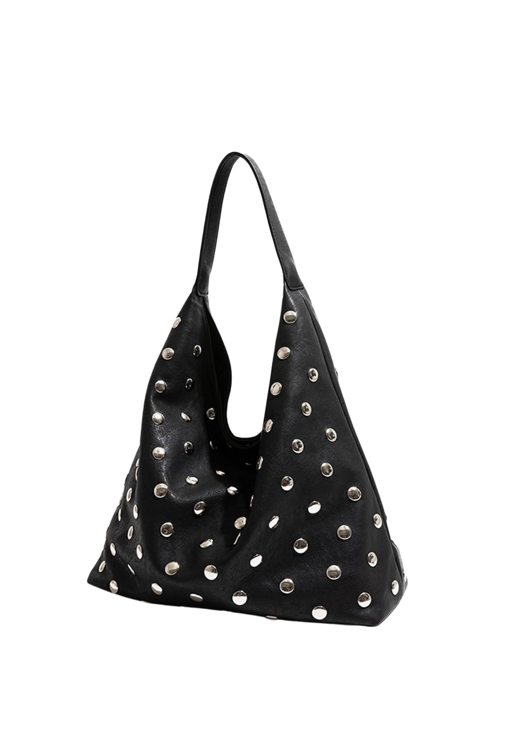 A black slouchy shoulder bag covered in silver-tone metal studs, shown against a plain white background.