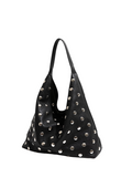 A black slouchy shoulder bag covered in silver-tone metal studs, shown against a plain white background.