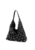 A black slouchy shoulder bag covered in silver-tone metal studs, shown against a plain white background.